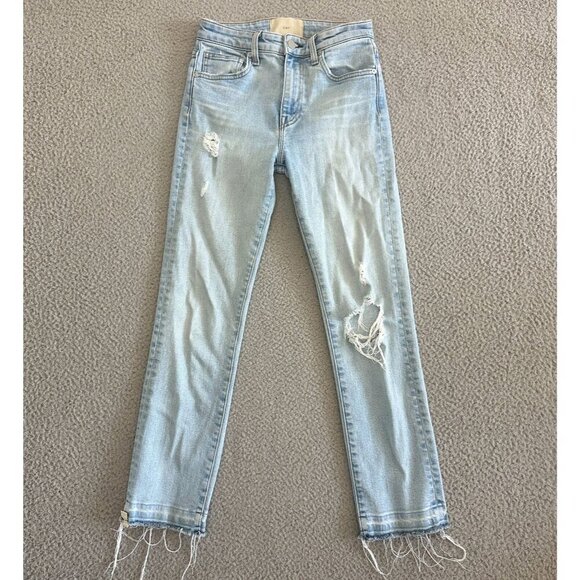 CQY Jeans Light Wash High Rise Straight Distressed Raw Hem - Picture 1 of 16
